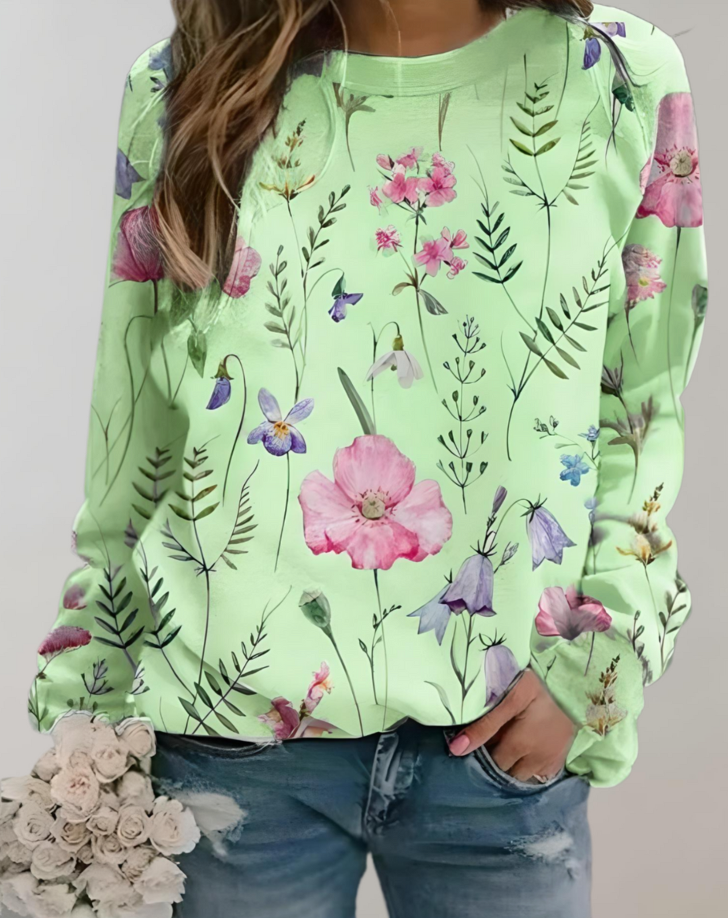 Damenpullover mit Blumenmuster, grün, langärmelig, lässig, modisch, Baumwolle.