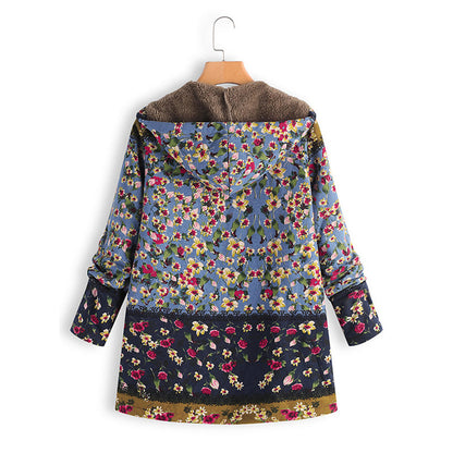 Damen-Langjacke mit Kapuze, florales Muster, blau, Teddyfutter, modisch, warm, Herbstkleidung.