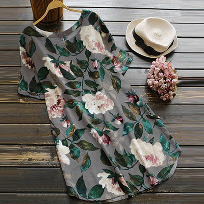 Sommerkleid Damen | Blumenmuster | Kurzarm | Freizeit | luftiger Schnitt-Grau-S-Luzern Mode