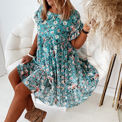 Blumenkleid | Rüschen | Taillenschnitt | Boho | Rundhals | Kurzarm-Luzern Mode