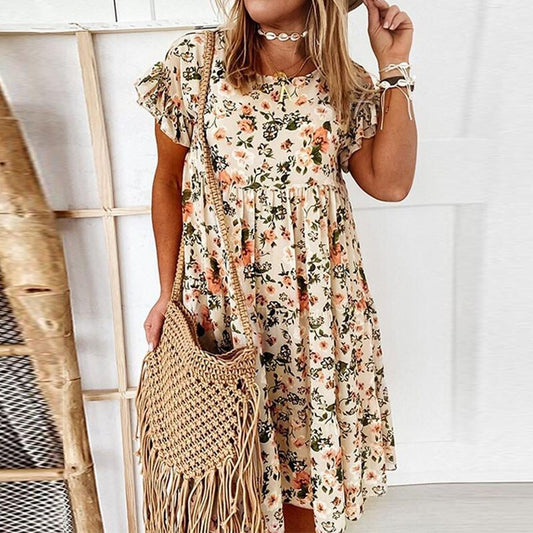 Blumenkleid | Rüschen | Taillenschnitt | Boho | Rundhals | Kurzarm-Beige-S-Luzern Mode