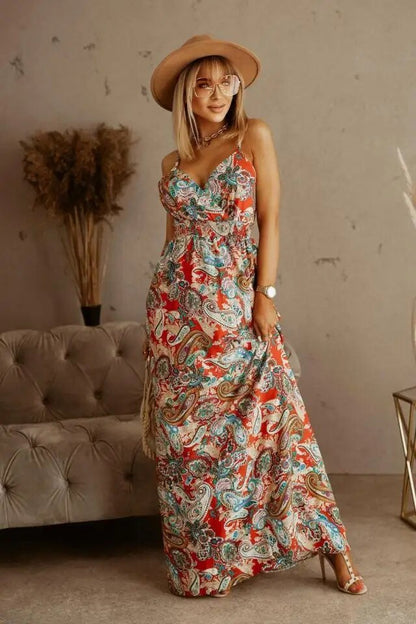 Maxikleid Damen Sommer | Blumenmuster | Boho Stil | Luftig | Verstellbare Träger-Orange-S-Ja-Luzern Mode