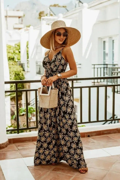 Maxikleid Damen Sommer | Blumenmuster | Boho Stil | Luftig | Verstellbare Träger-Schwarz-S-Ja-Luzern Mode