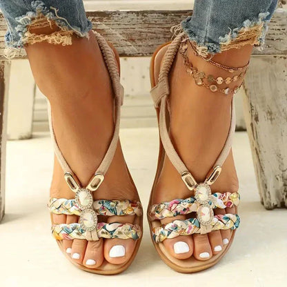 Damen Sandalen | Perlen | Boho-Design | Slip-On | Offen | Rutschfest-Beige-35-Luzern Mode