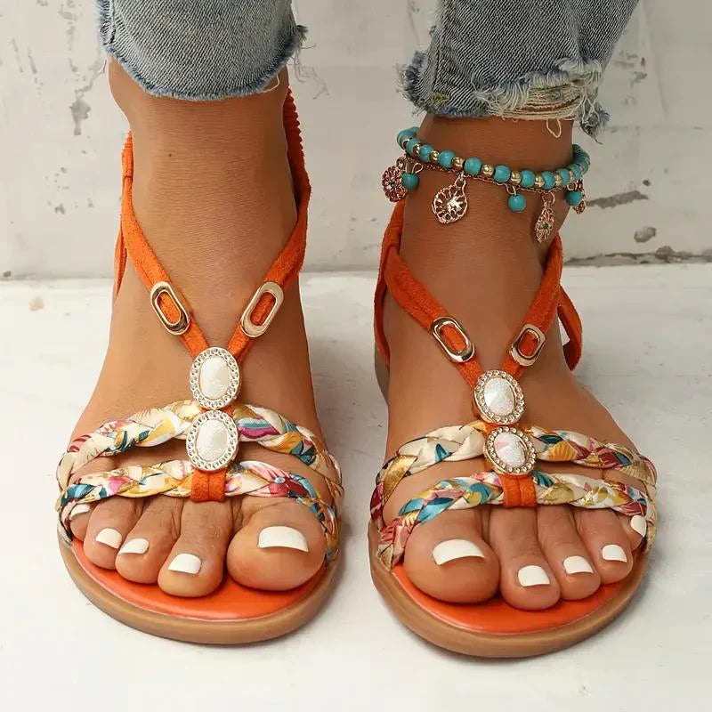 Damen Sandalen | Perlen | Boho-Design | Slip-On | Offen | Rutschfest-Orange-35-Luzern Mode
