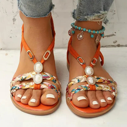 Damen Sandalen | Perlen | Boho-Design | Slip-On | Offen | Rutschfest-Orange-35-Luzern Mode