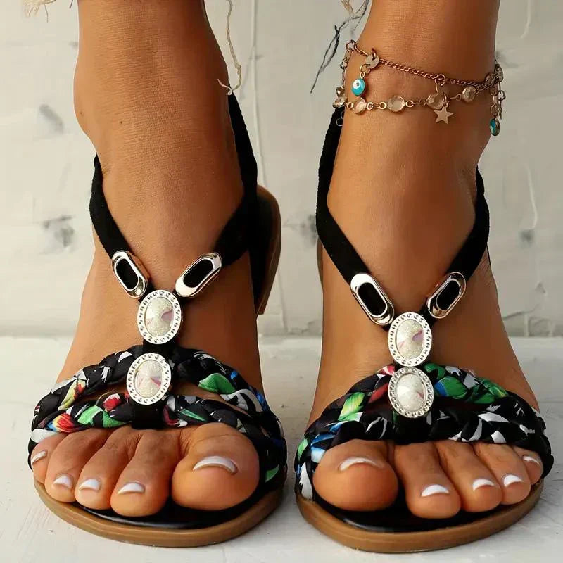 Damen Sandalen | Perlen | Boho-Design | Slip-On | Offen | Rutschfest-Schwarz-35-Luzern Mode
