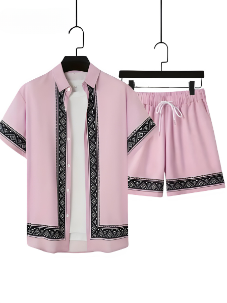 Boho Sommer Set Herren | zweiteilig Shirt Shorts | locker bequem | trendig Urlaub-Rosa-M(48)-Luzern Mode