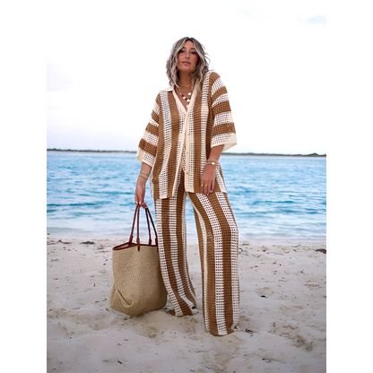 Boho Strand Set Damen | Luftig gehäkelt & bequem | Sommer Outfit für Urlaub-Khaki-S-Luzern Mode