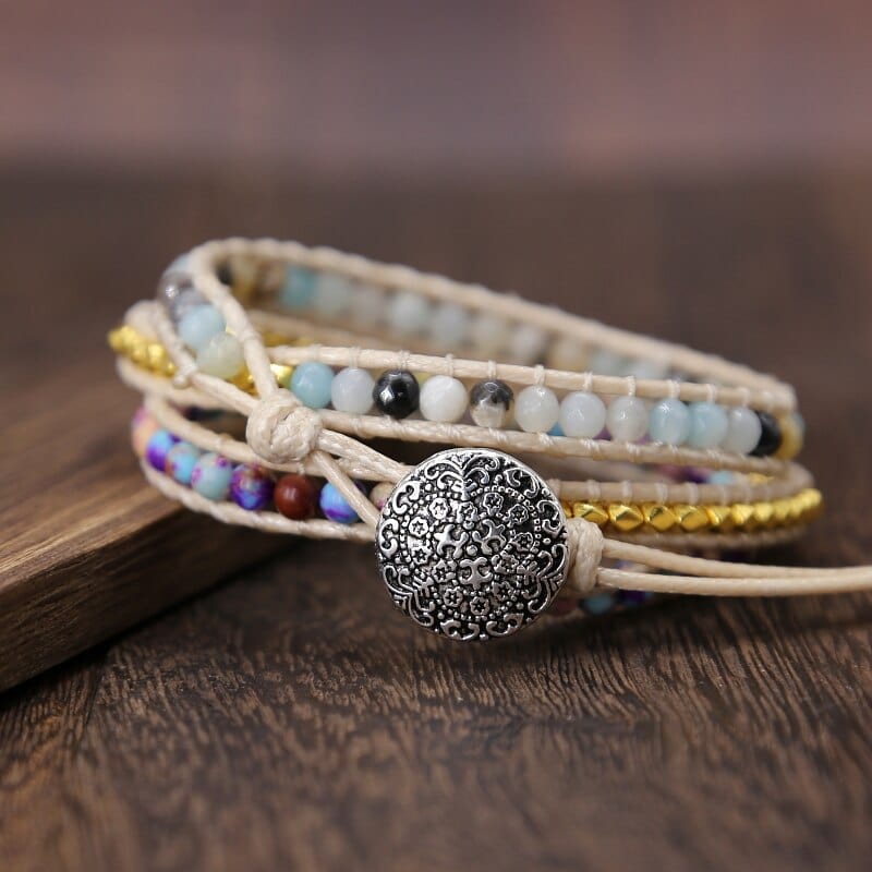 Handgefertigtes Boho-Armband, 3-reihig, Naturstein, Türkis, Leder, Vintage-Stil, Damen-Schmuck.
