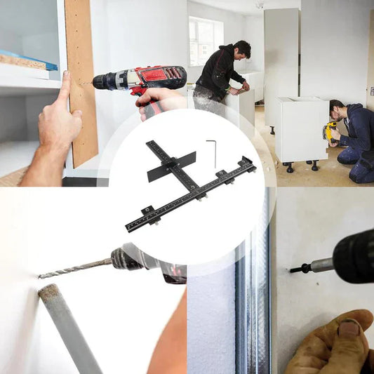 Bohrschablone für Möbelmontage, schwarz, präzise Bohrlöcher, Heimwerker-Werkzeug.