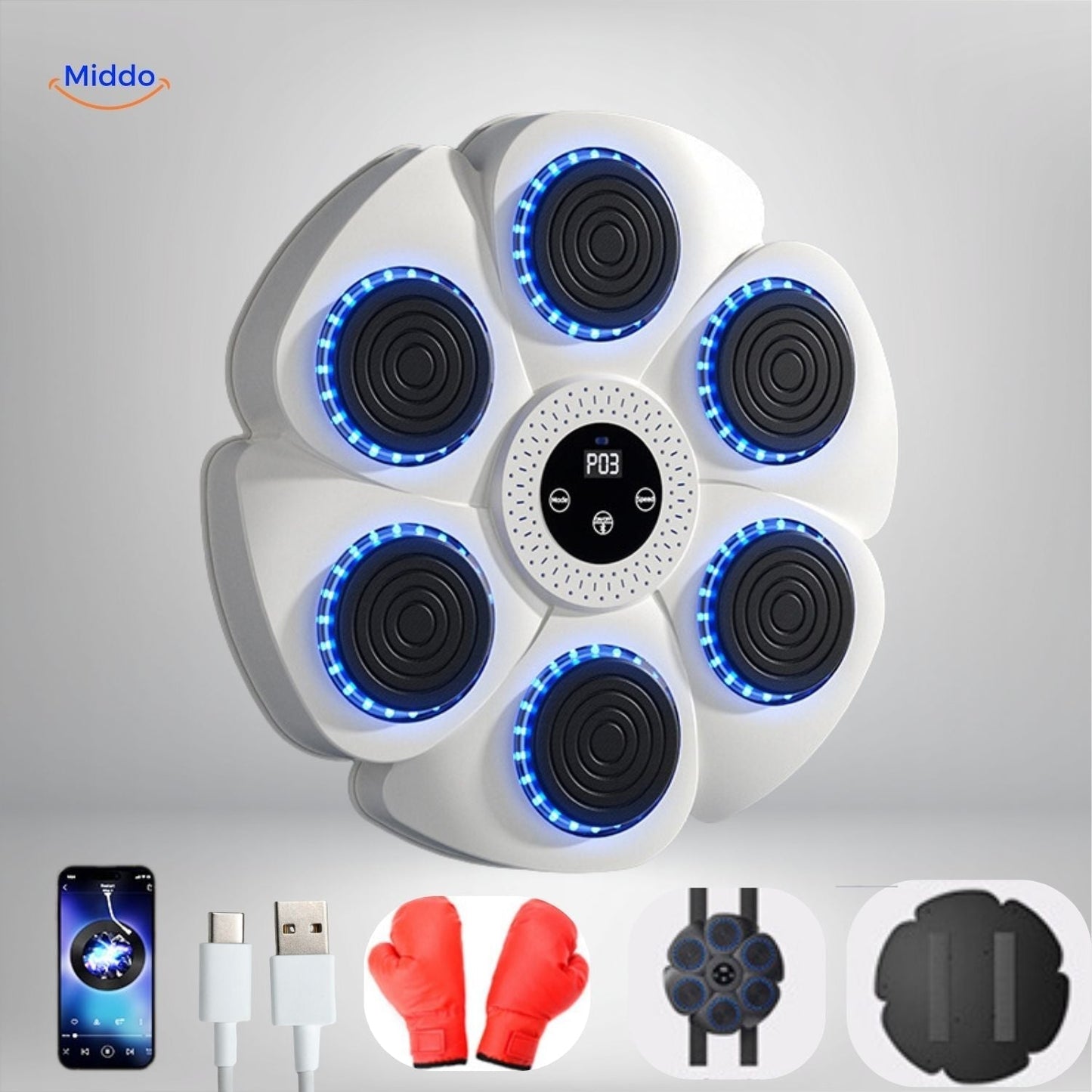 Weiße Boxmaschine mit blauen LEDs, Touchscreen, USB-Anschluss, rote Boxhandschuhe.