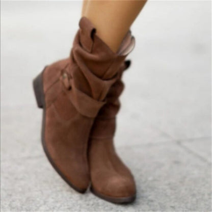 Braune Damen-Winterstiefel, niedriger Absatz, Kunstwildleder, lässig, Plus-Size, knöchelhoch.