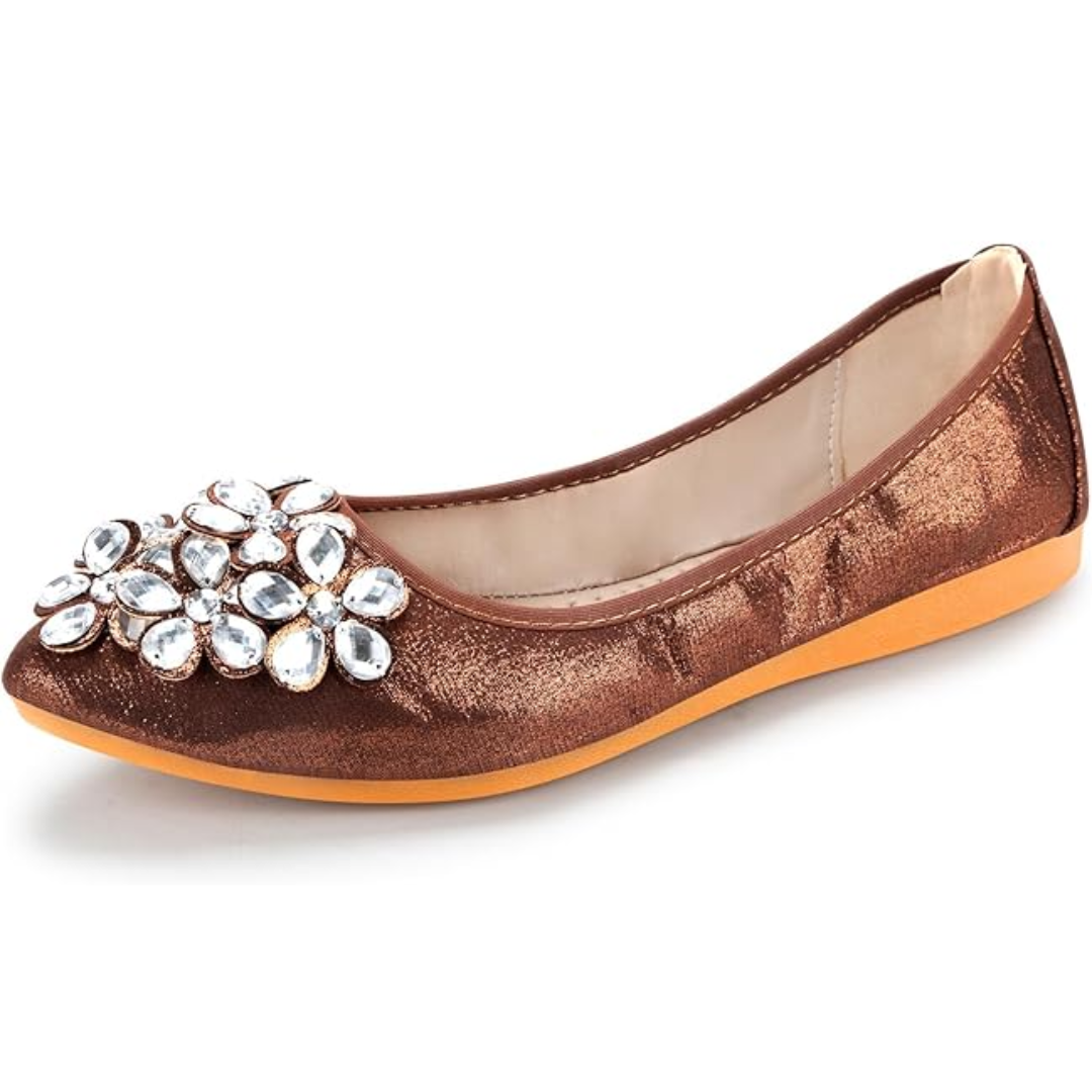 Brauner Damen-Ballerina mit Strassverzierung, flach, elegant, modisch, bequem.