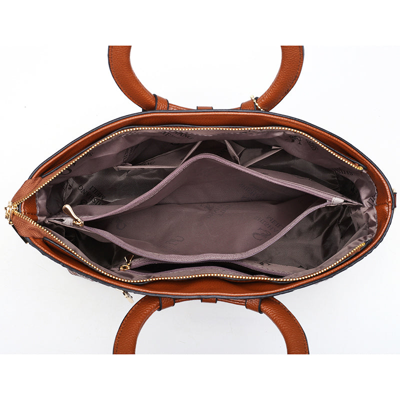 Braune Lederhandtasche mit Reißverschluss, Innenfächer, elegante Damenmode, Accessoire.