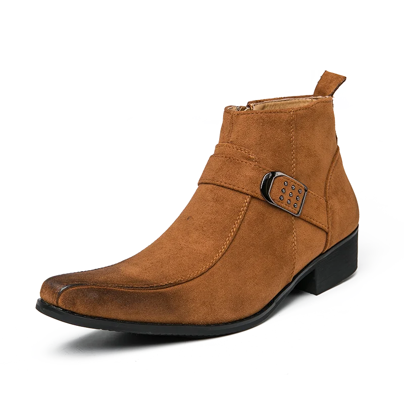 Braune Retro Herrenstiefel, Wildleder, Schnalle, Herbst, Motorrad, Casual, Mode, Oxfords.
