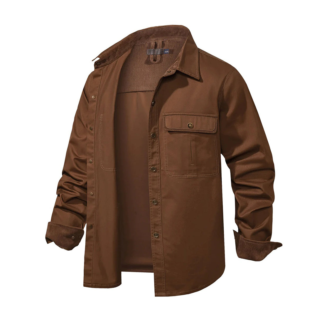 Braune Herrenjacke aus Baumwolle, gefüttert, mit Knopfleiste und Brusttaschen, Outdoor-Mode.