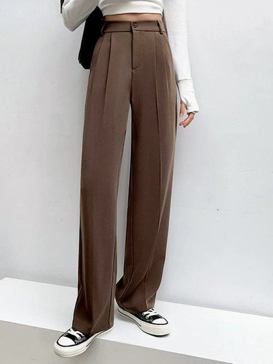 Braune Damenhose mit hoher Taille, weites Bein, eleganter Look, ideal für Büro oder Freizeit.
