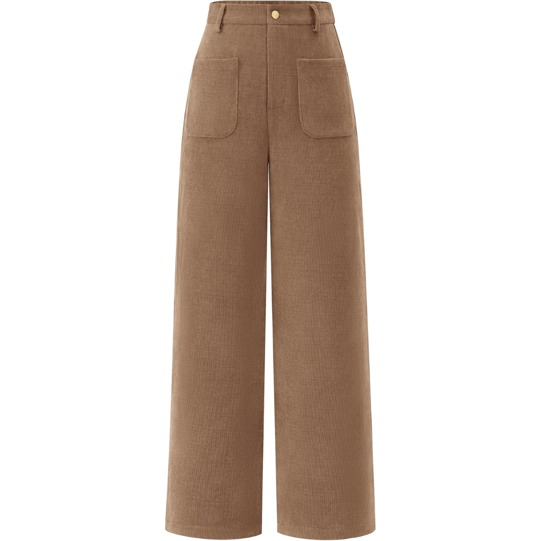 Braune Cordhose Damen, weites Bein, hohe Taille, modisch, Herbstmode, Taschen, Knopfverschluss.