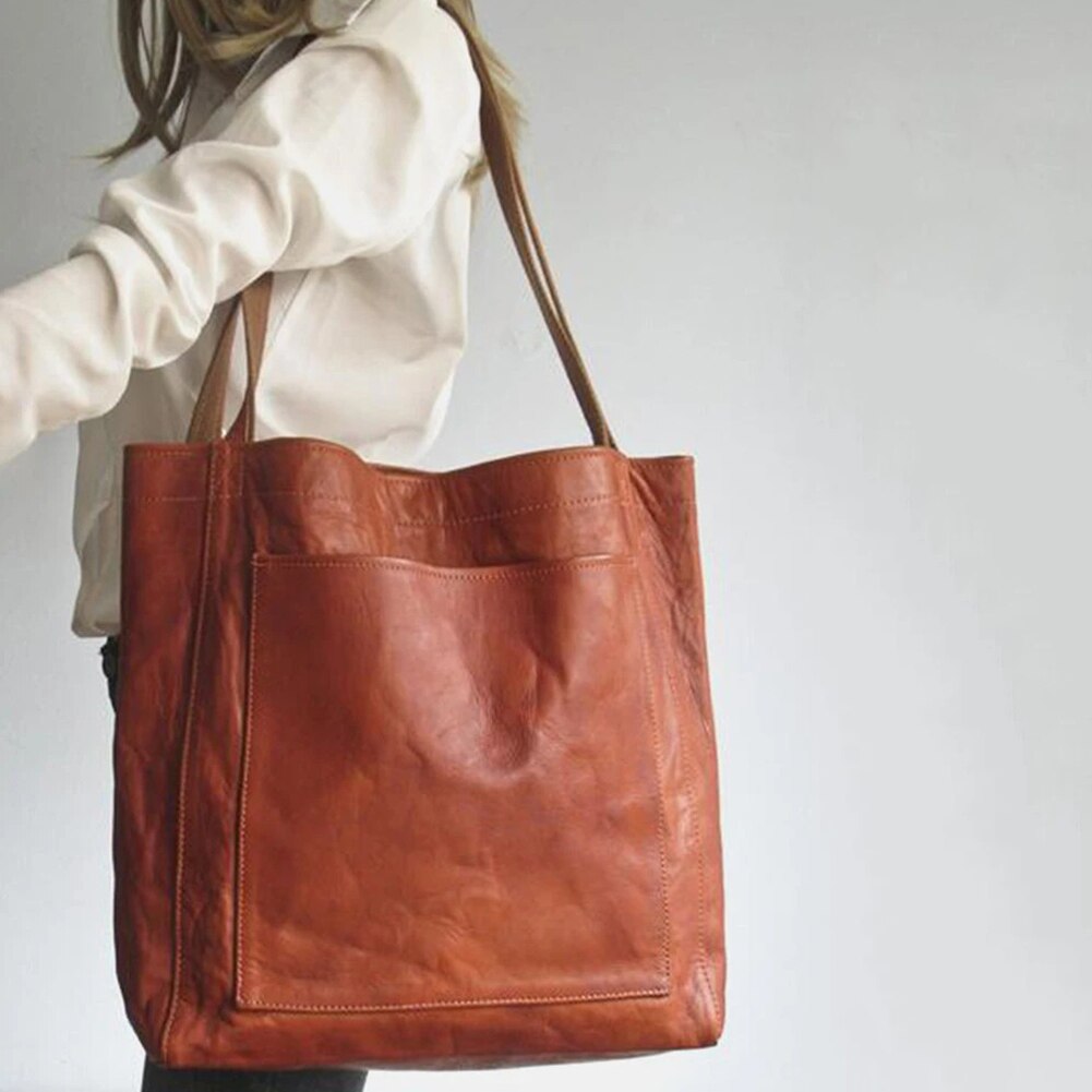 Braune Leder-Schultertasche für Damen, Vintage-Stil, große Handtasche, modisch, elegant.