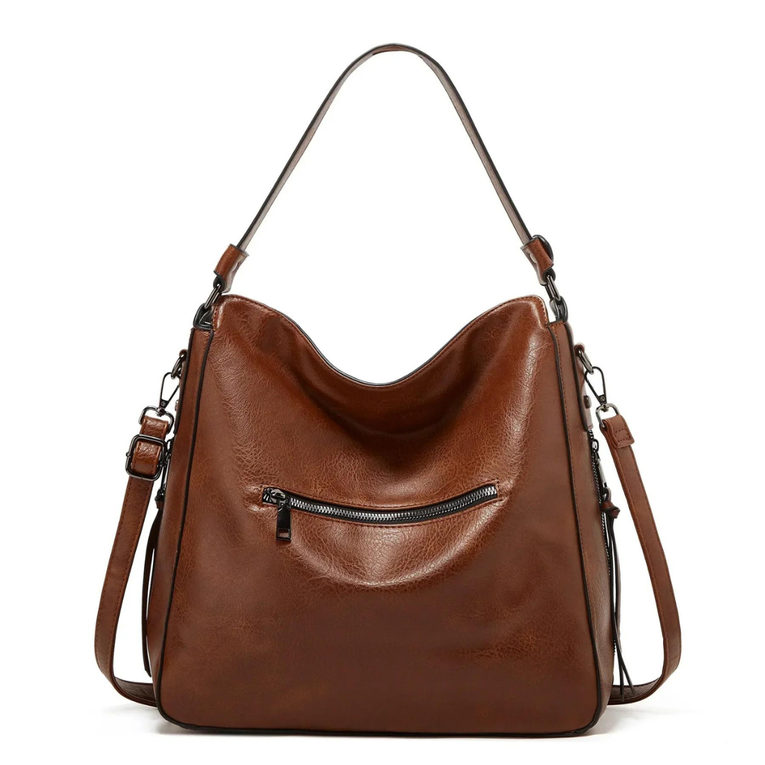 Braune Lederhandtasche mit Reißverschluss, verstellbarem Schulterriemen, modisch und elegant.