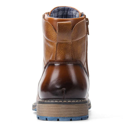 Brauner Lederstiefel für Herren, Rückansicht, mit Reißverschluss, robuster Absatz, modisch.