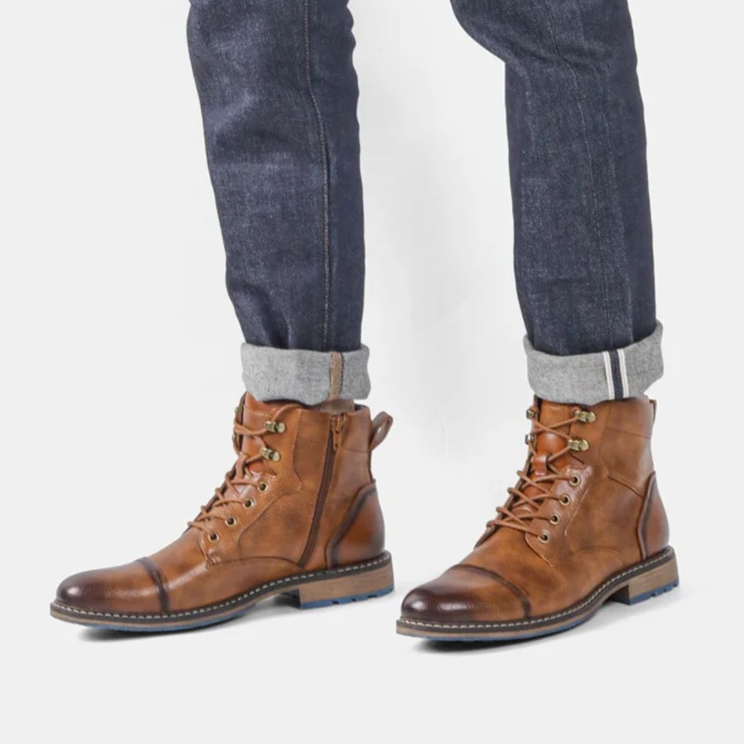 Braune Lederstiefel für Herren, Schnürung, lässig, robust, modisch, Jeans, Outdoor.