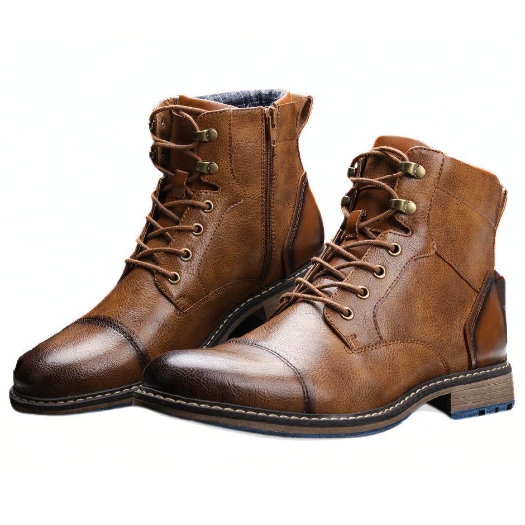 Braune Herren-Lederstiefel mit Schnürung, Reißverschluss, rutschfeste Sohle, modisch, robust.