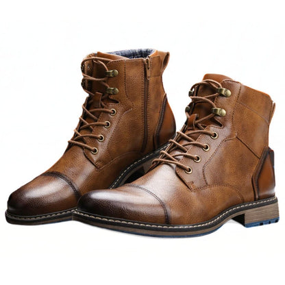 Braune Herren-Lederstiefel mit Schnürung, Reißverschluss, rutschfeste Sohle, modisch, robust.