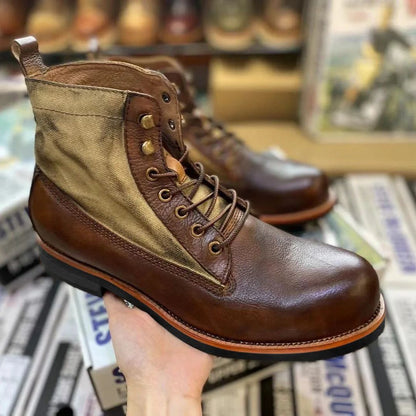 Braune Lederstiefel mit Schnürung, Vintage-Design, handgefertigt, Herrenmode, robust.