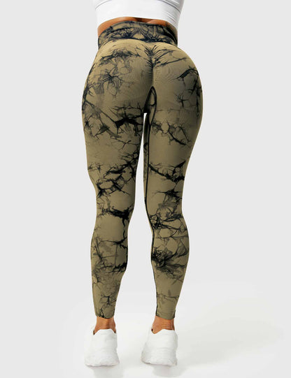 Damen Leggings braun, marmoriertes Muster, hohe Taille, Sportbekleidung, elastisch, bequem.