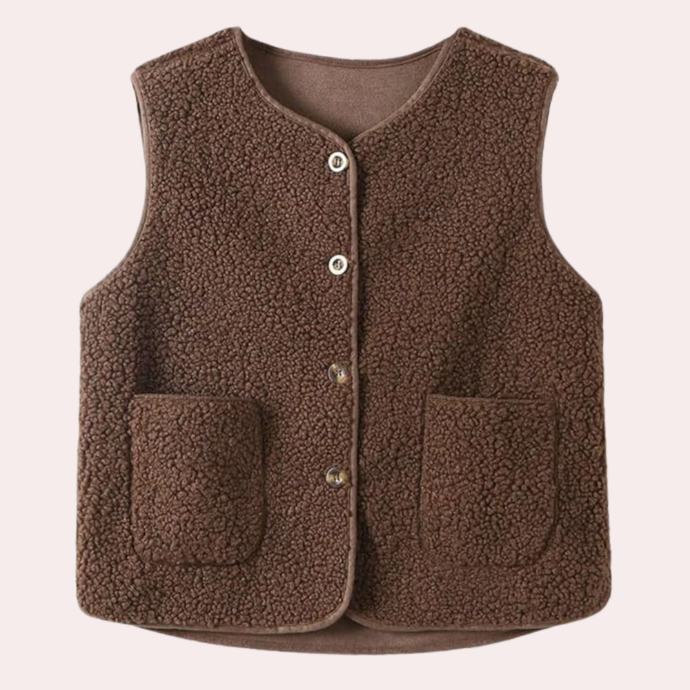 Braune Fleeceweste mit Knöpfen und Taschen, warme Winterbekleidung, modisch und bequem.
