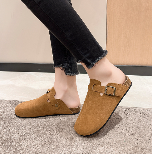 Braune Wildleder-Pantoletten mit Schnalle, Damenmode, bequem, rutschfest, lässig.