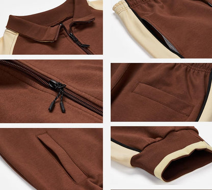 Brauner Trainingsanzug mit cremefarbenen Ärmeln, Reißverschluss, Taschen, Sportbekleidung Herren.
