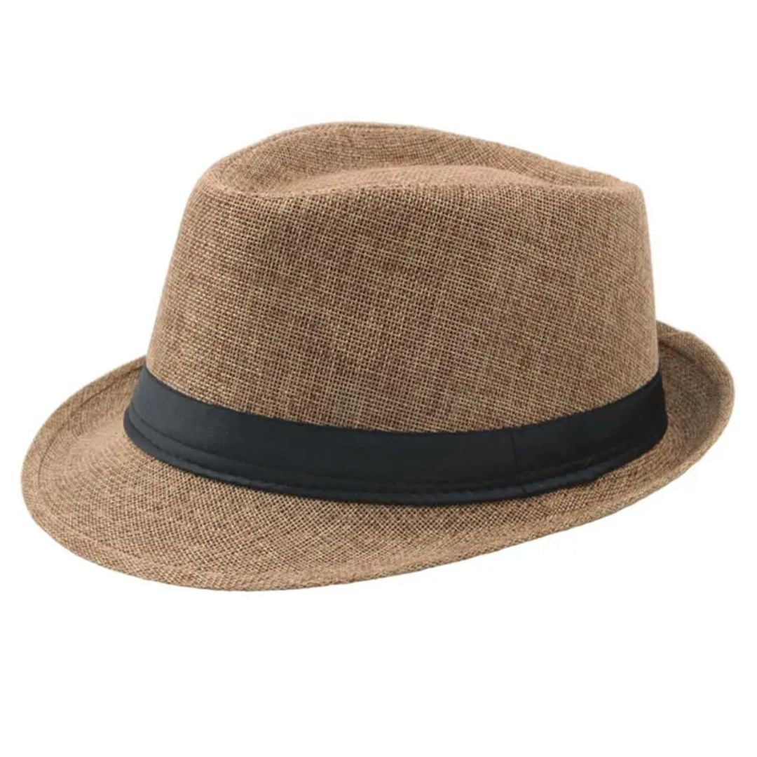 Brauner Fedora-Hut aus Stroh mit schwarzem Band, stilvoller Sommerhut für Herren.