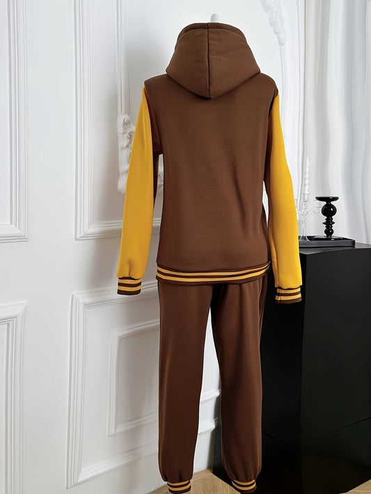 Brauner und gelber Hoodie-Trainingsanzug, Unisex, Freizeitmode, Rückansicht, Baumwolle.