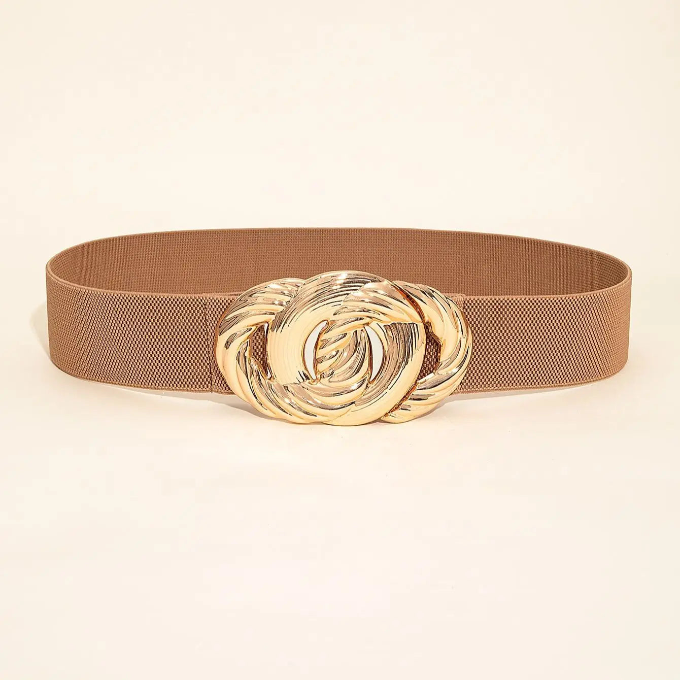 Brauner Gürtel mit goldener Schnalle, Damenmode Accessoire, elastisch, elegant, modisch.