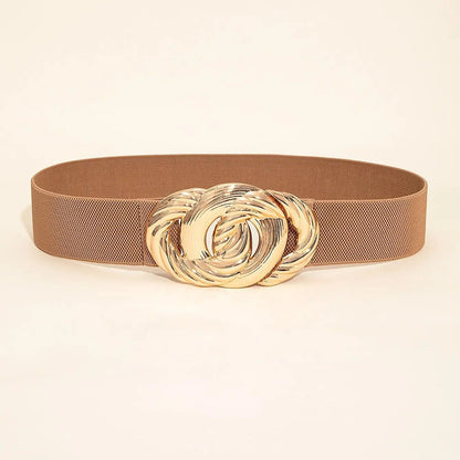 Brauner Gürtel mit goldener Schnalle, Damenmode Accessoire, elastisch, elegant, modisch.
