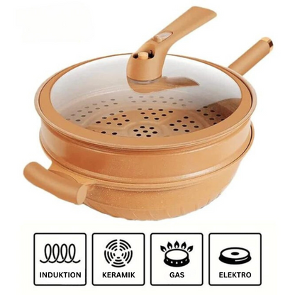 Brauner Keramiktopf mit Glasdeckel, geeignet für Induktion, Gas, Elektroherd.