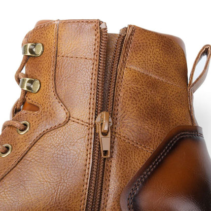 Brauner Lederstiefel mit Reißverschluss, Schnürung, robust, modisch, Herrenstiefel.