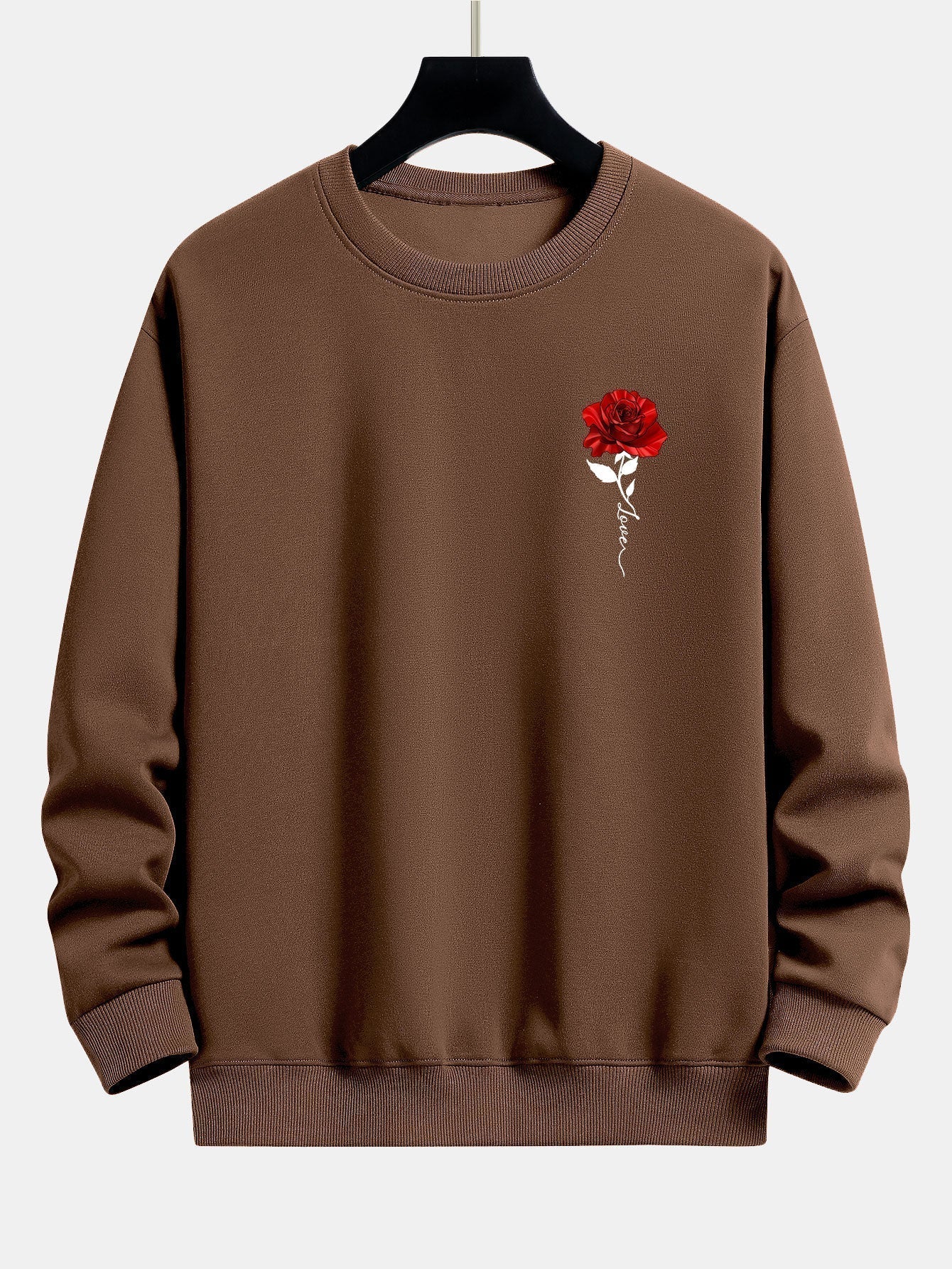 Brauner Pullover mit roter Rosenstickerei, Unisex, Baumwolle, modisch, lässig, Herbstmode.