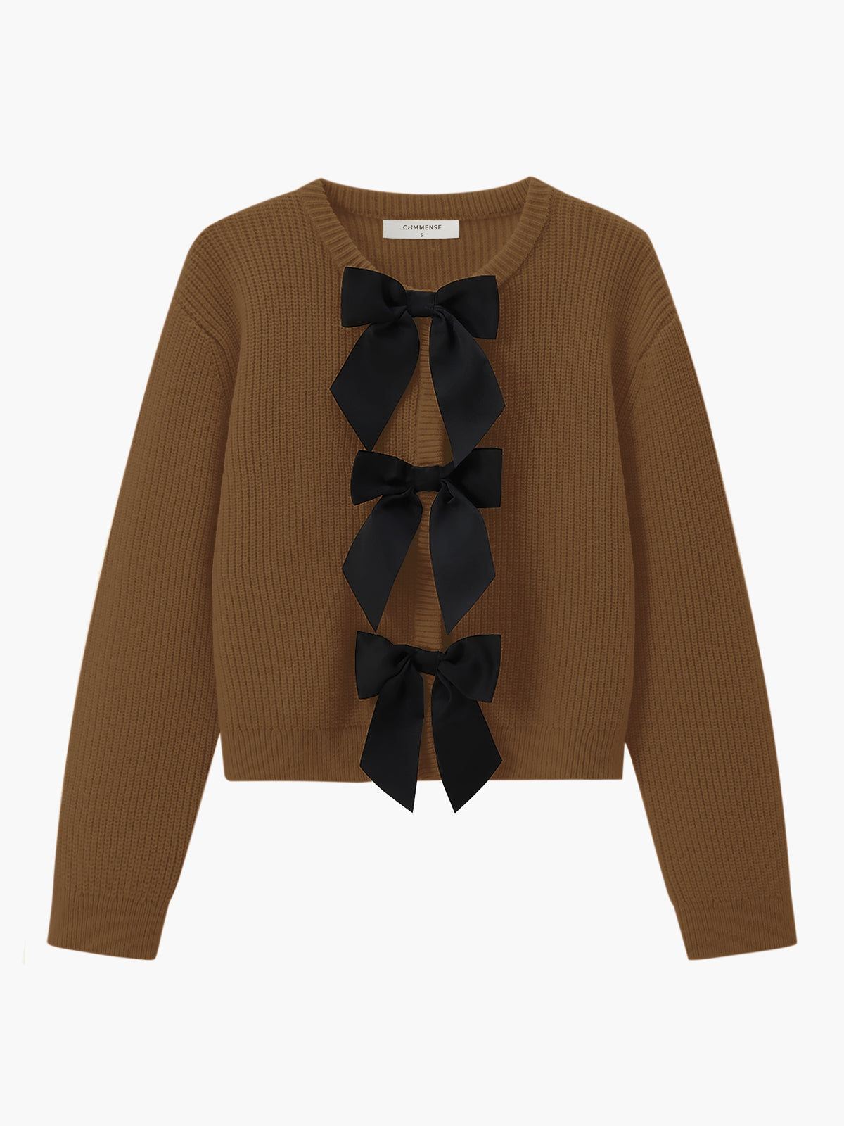 Brauner Strickpullover mit schwarzen Schleifen, Damenmode, Herbstkollektion, elegantes Design.