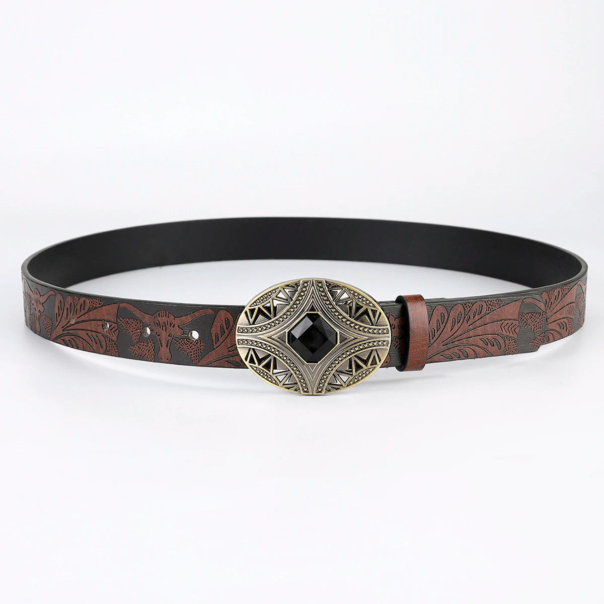 Brauner Ledergürtel mit geprägtem Muster und dekorativer Metallschnalle, Unisex-Accessoire.