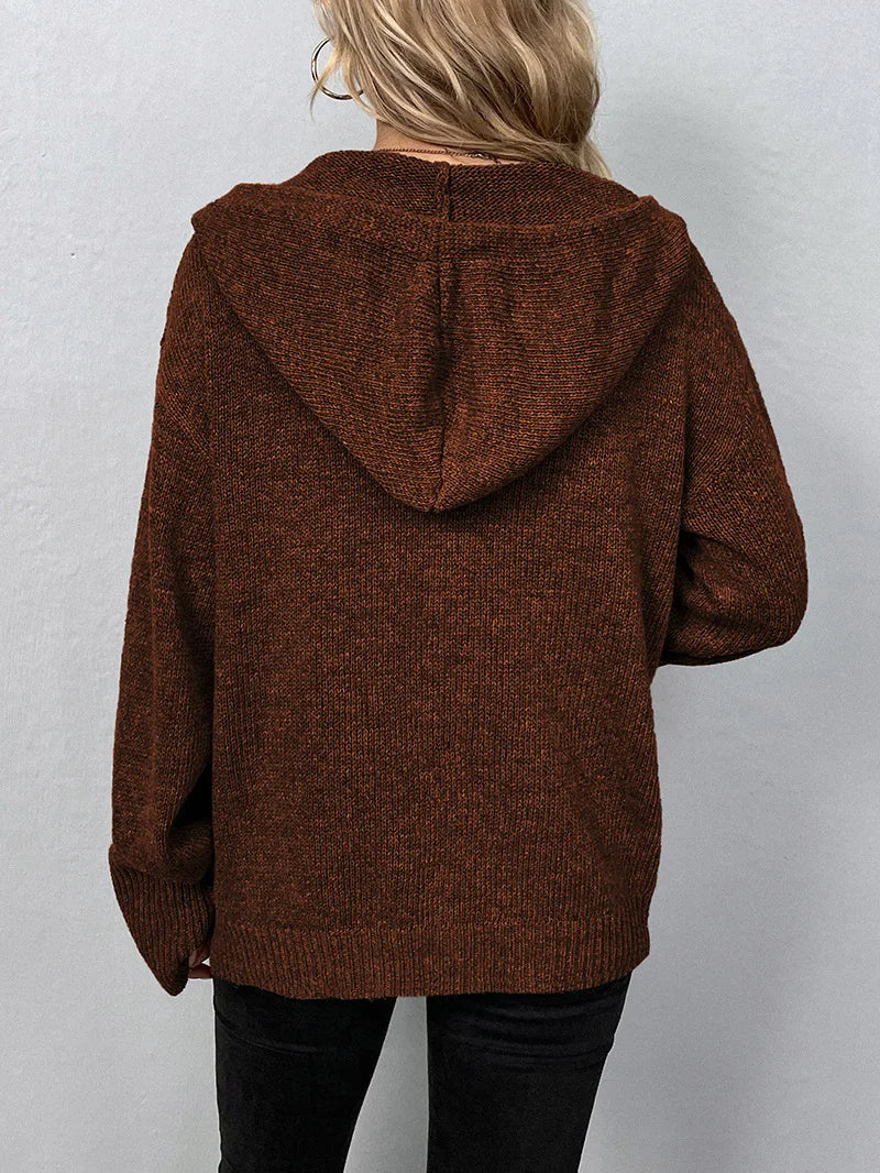 Frau in braunem Strickpullover mit Kapuze, Rückansicht, lässige Damenmode, Herbstkleidung.