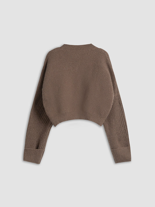Brauner Strickpullover Damen, langärmelig, grob gestrickt, modisch, Herbstmode, Rückansicht.