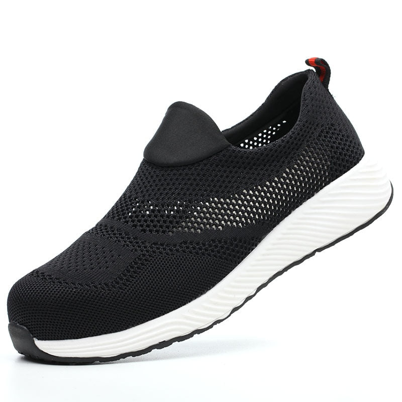 Schwarzer atmungsaktiver Sneaker, super robust, stylisch, mit weißer Sohle für Herren.
