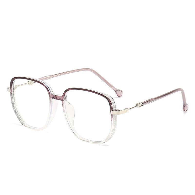 Lila Anti-Blau-Licht Lesebrille, stilvoll, tragbar, quadratisches Design, Metallrahmen.