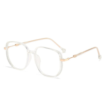 Stilvolle transparente Anti-Blau-Licht Lesebrille, quadratisch, goldene Bügel.