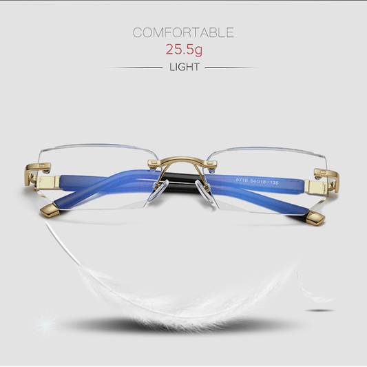 Leichte randlose Brille, blau-gold, 25,5g, komfortabel, modisch, Unisex-Design.