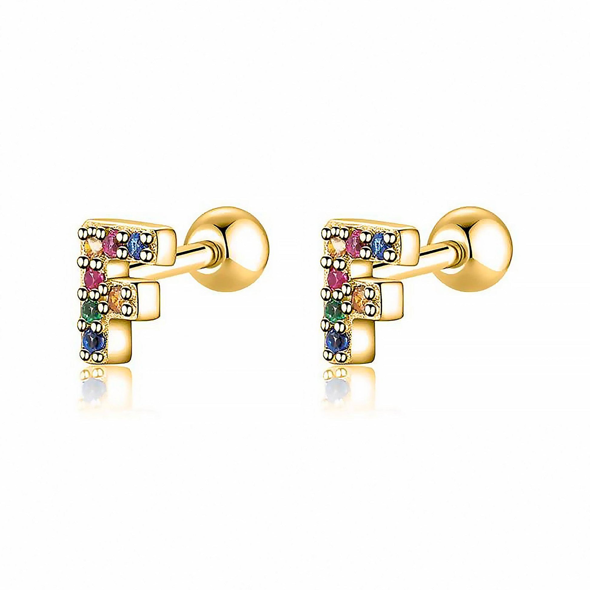 Goldene Ohrringe mit bunten Buchstaben, Schmuck, modisch, Damenaccessoire, Geschenkidee.